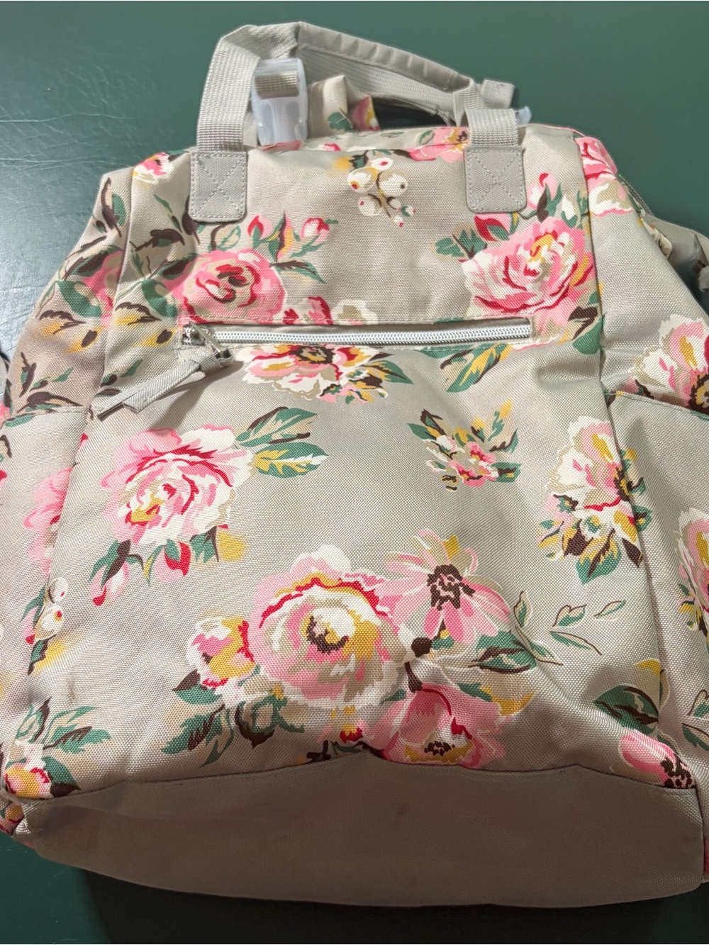 Floral Canvas Backpack in Light Gray with Pink Rose Print